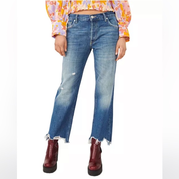 Free People Maggie Mid Rise Straight Leg Raw Distressed Jeans in Sequoia Blue - Picture 1 of 11